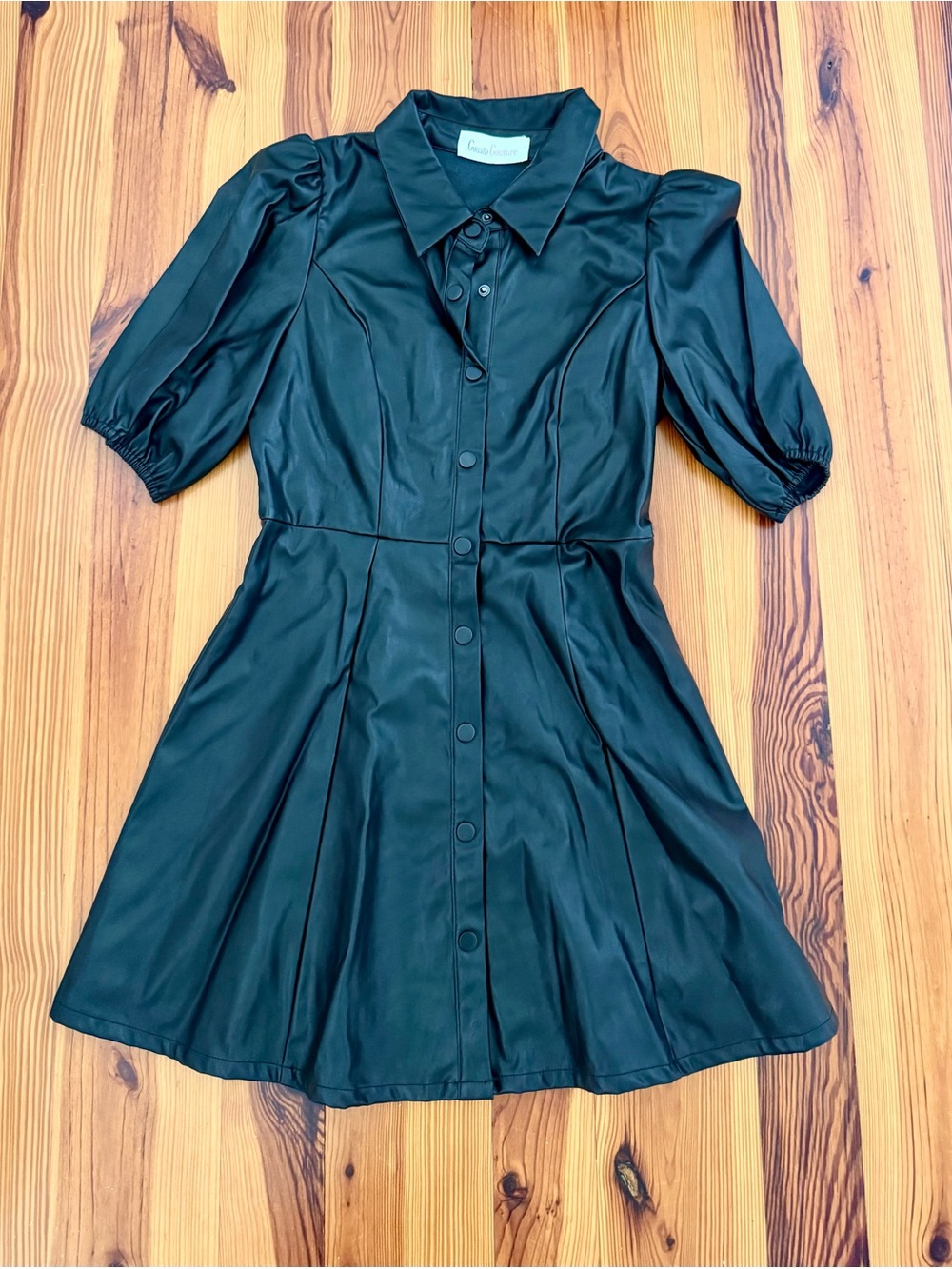 Black Faux Leather Button-Front Mini Dress by